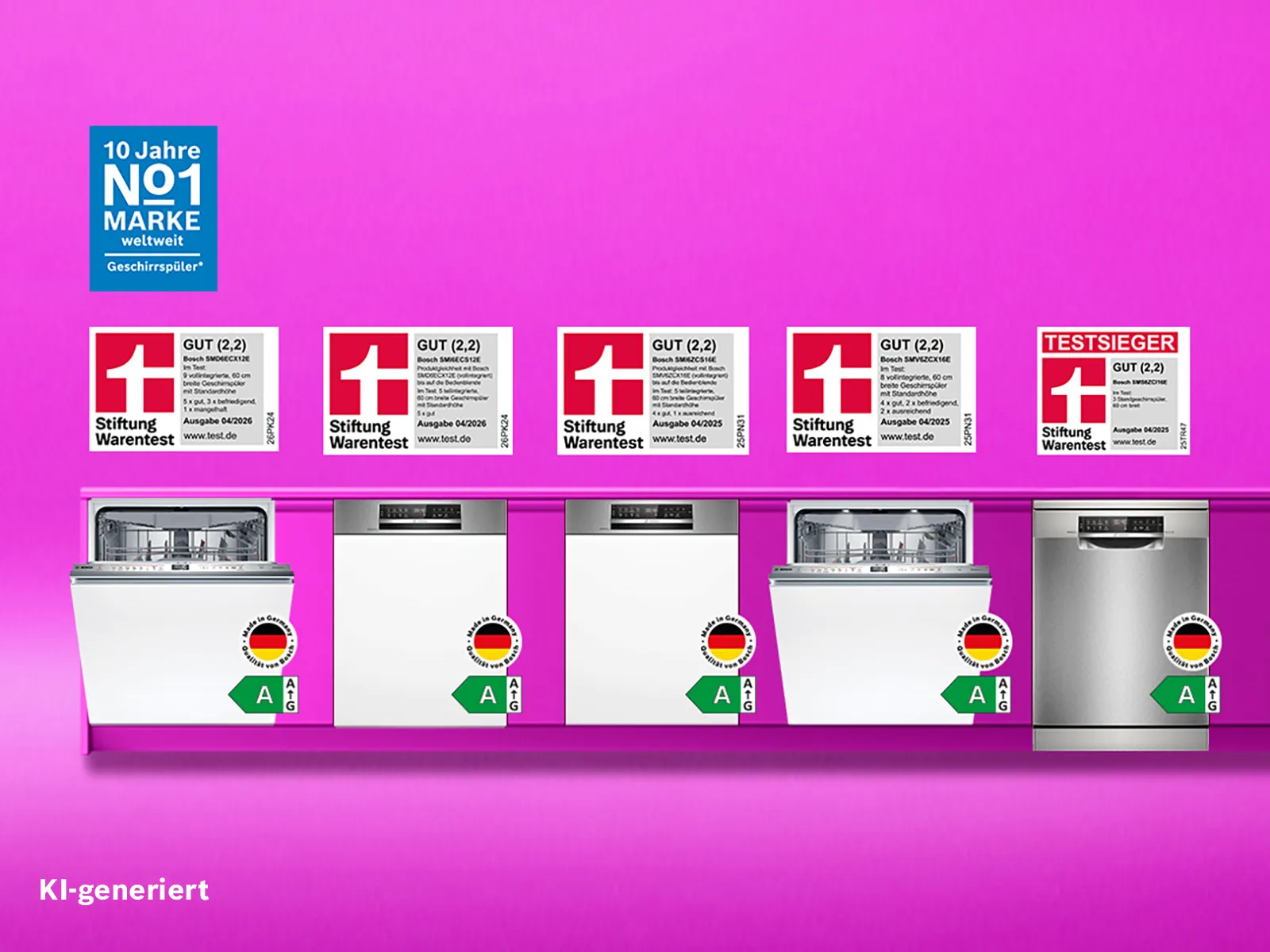 Von der Stiftung Warentest ausgezeichnete Geschirrspüler der Marke Bosch vor einem lila pinken Hintergrund mit Testsieger Logos.
