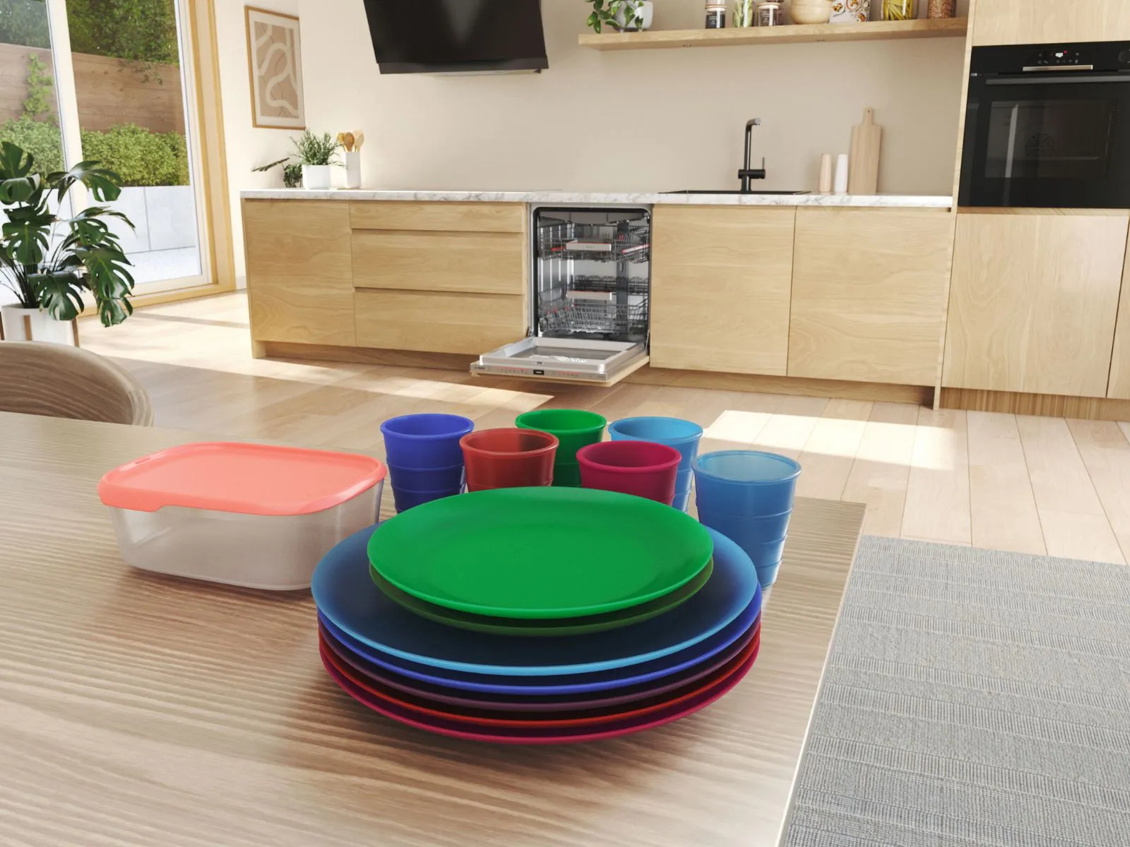 Moderne, lichte keuken met een open Bosch vaatwasser en een vlekkeloos schone en perfect gedroogde sippy cup op het aanrecht.