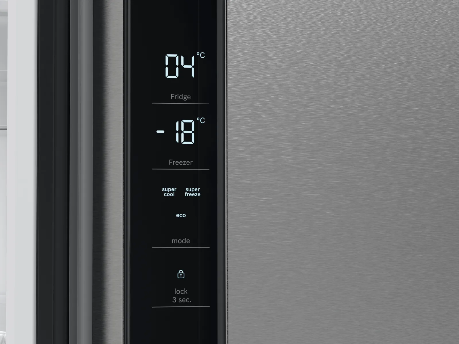 Stainless steel refrigerator water dispenser and ice maker with digital temperature display.