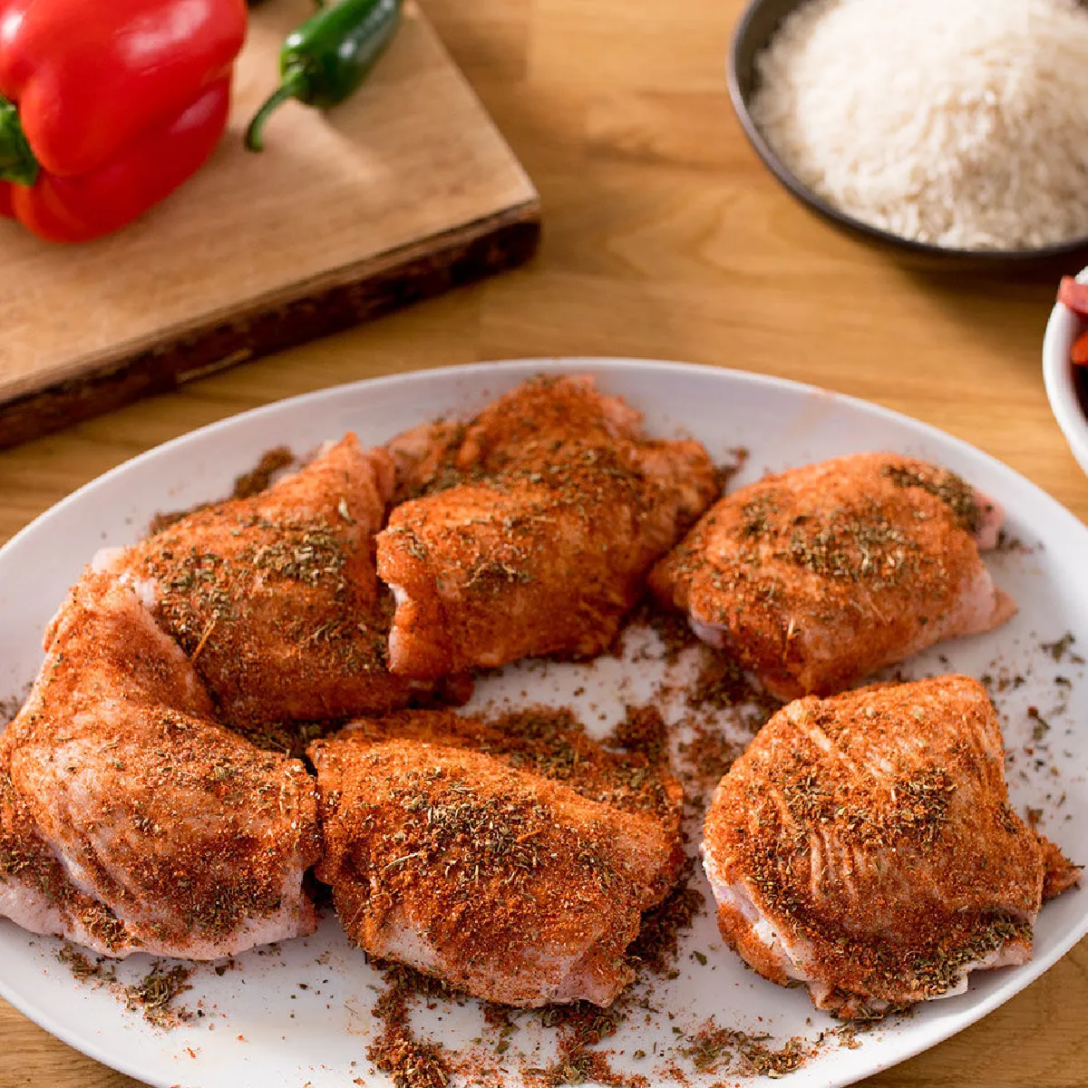 Un piatto ricco di sapore e colore: cosce di pollo ben condite con il mix di spezie Cajun, pronte per essere rosolate e servite su un letto di riso soffice.