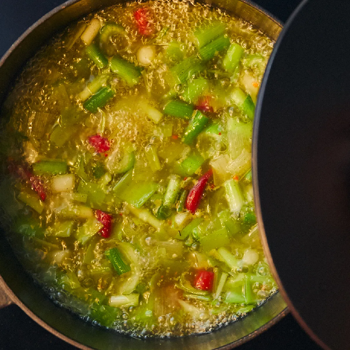 Stufato vegetale colorato in una pentola, con regolazione a mano calore sulla stufa.