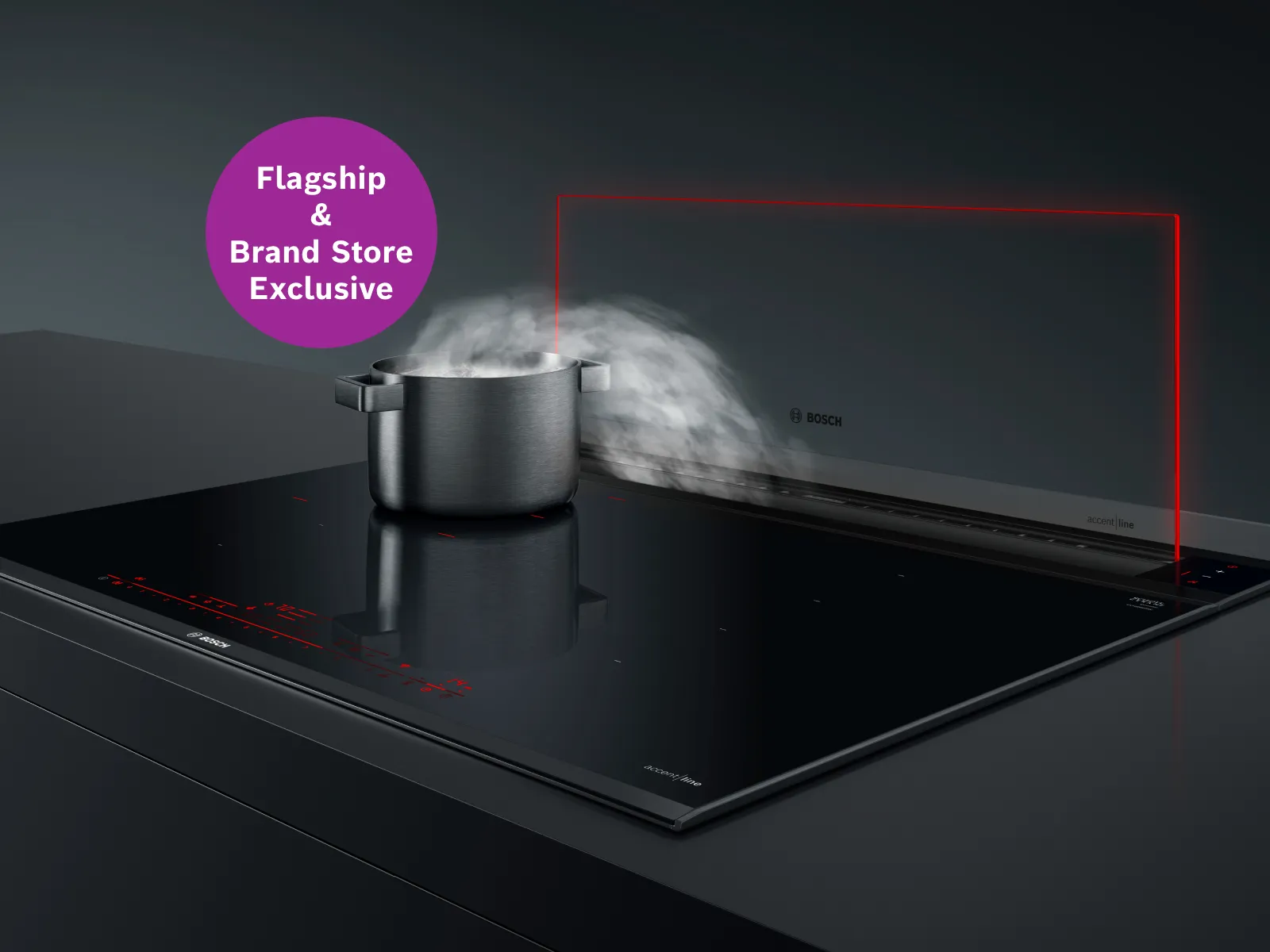 alt="Sleek hood and hob featuring the Bosch accent|line DDW88MM66 hood with an icon highlighting its flagship and Bosch brand store exclusivity."