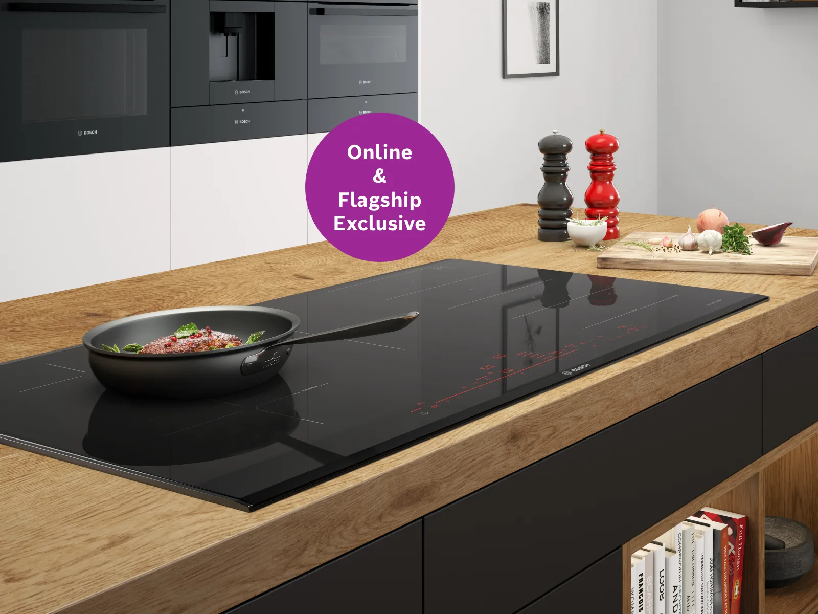 alt="Modern kitchen featuring the Bosch accent|line PXV890DV5E induction hob with an icon highlighting its online and flagship experience centre exclusivity. "