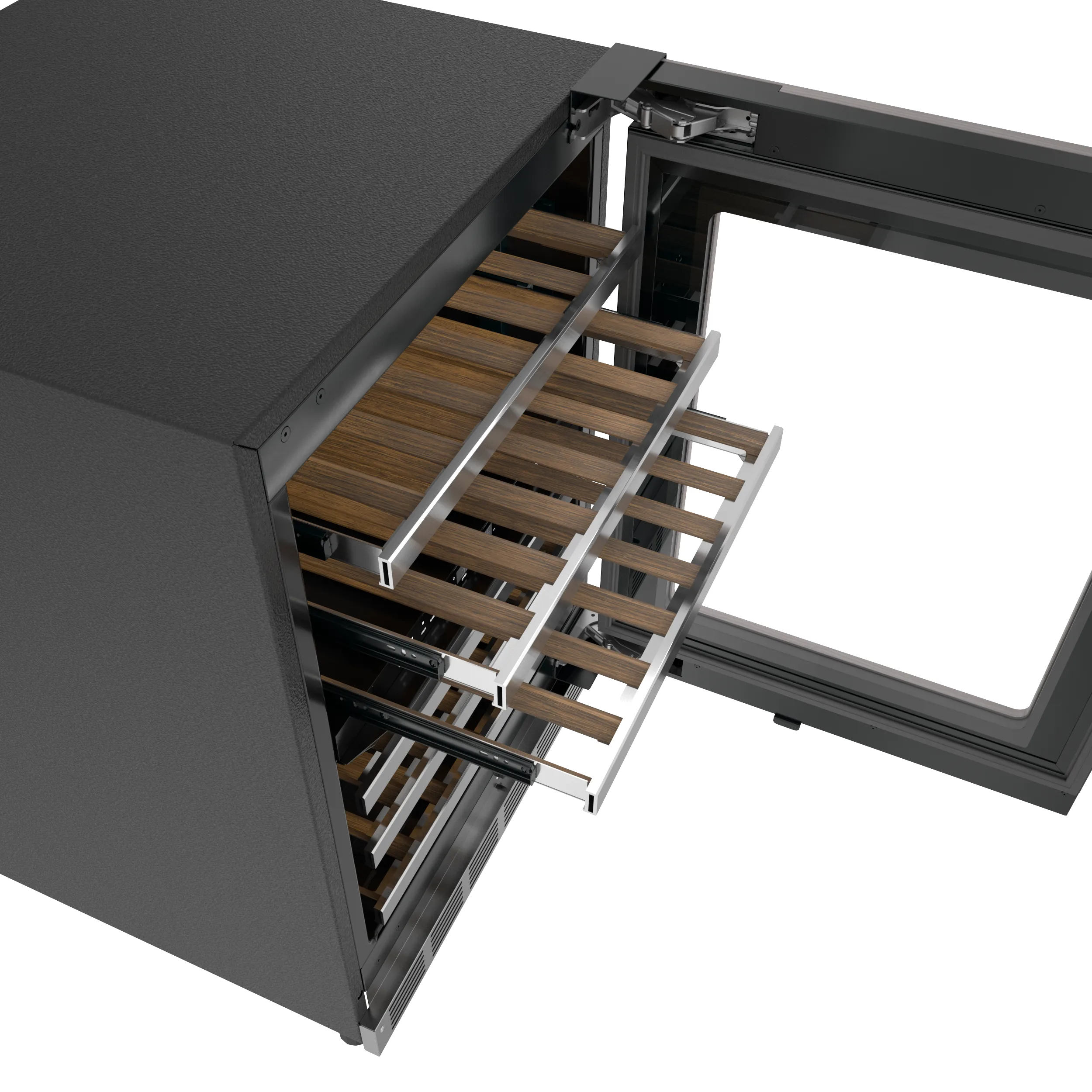 Open black wine cooler displaying wooden racks and metal sliding shelves inside.