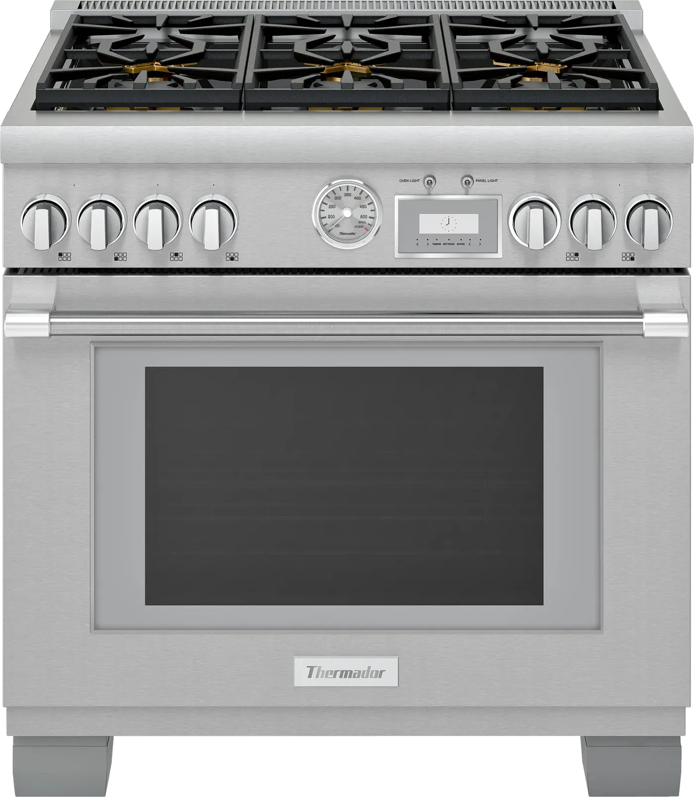 Front view of a stainless-steel professional freestanding range with a multi-burner gas cooktop featuring cast-iron grates and a rectangular griddle, a control panel with multiple stainless knobs, a central analog temperature gauge and small digital display, and a large oven door with a glass window and horizontal handle.