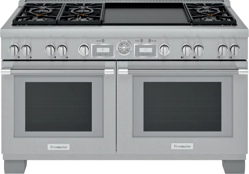 Stainless steel Thermador double oven range with six gas burners and a central griddle on top.