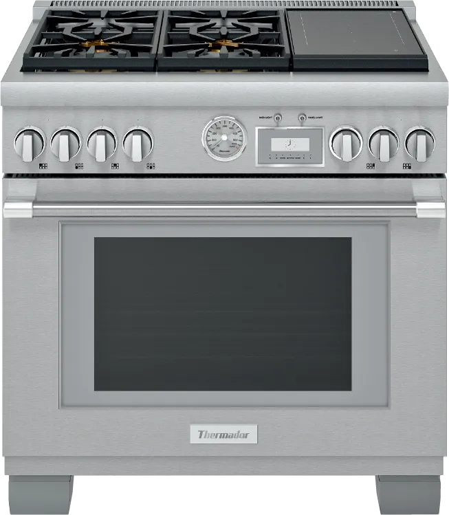 Stainless-steel professional freestanding range, front view: gas cooktop with two cast-iron grate sections over four burners and a rectangular griddle, large oven door with glass window and horizontal handle, and a control panel with multiple knobs, an analog temperature gauge and a digital display.