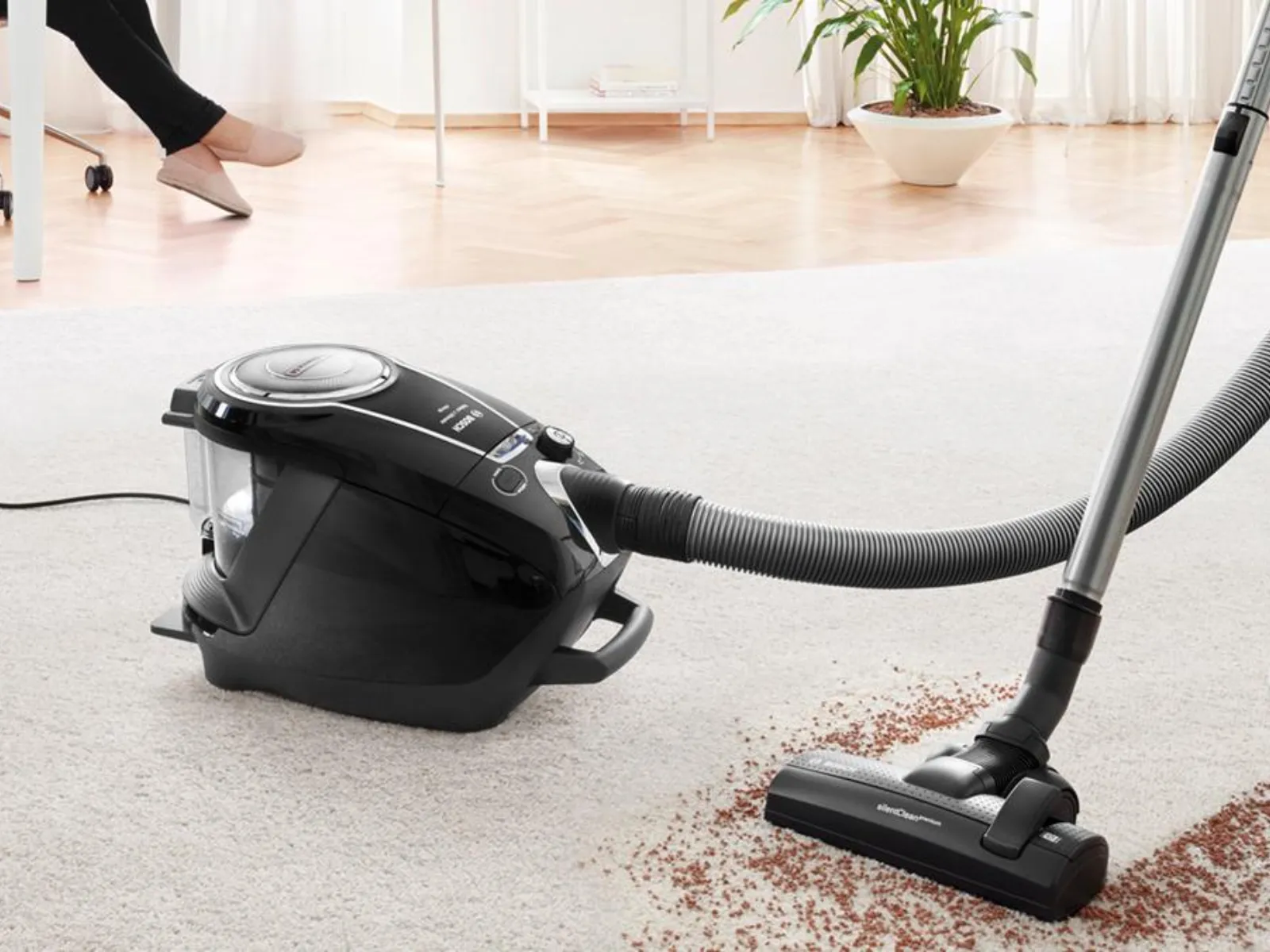Eine Person saugt mit einem Staubsauger ohne Beutel von Bosch der Serie 8 Schmutz von einem hellen Teppichboden in einem modernen Wohnzimmer.