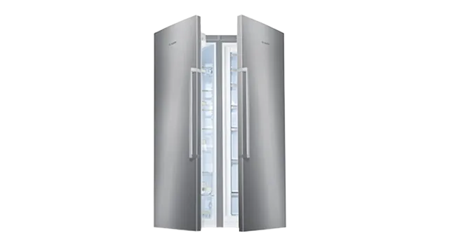 Bosch stainless steel side-by-side refrigerator with open doors.