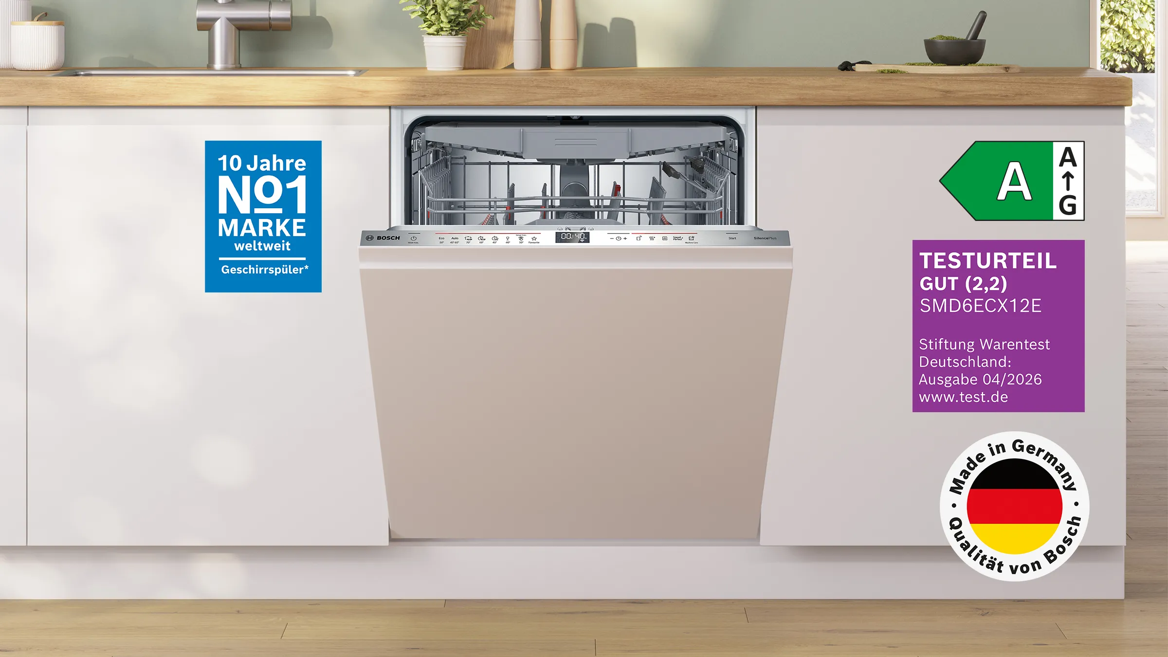 Der vollintegrierte Serie 6 Geschirrspüler SMD6ECX12E glänzt mit Gesamtnote GUT (2,2).