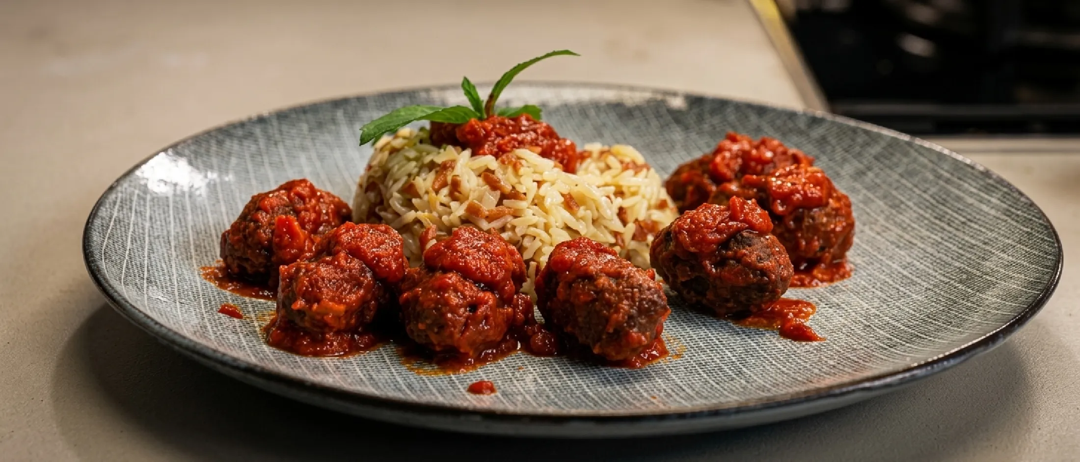 Piatto con polpette fritte, riso e salsa di pomodoro guarnita con erbe fresche.