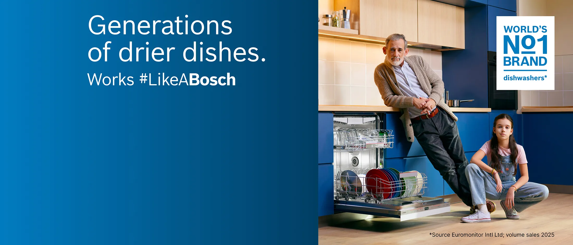 A modern kitchen featuring an open dishwasher loaded with clean dishes.