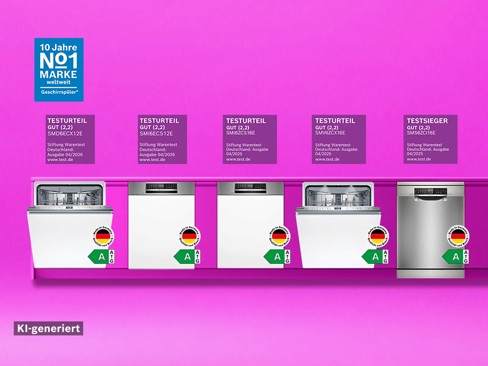 Von der Stiftung Warentest ausgezeichnete Geschirrspüler der Marke Bosch vor einem lila pinken Hintergrund mit Testsieger Logos.
