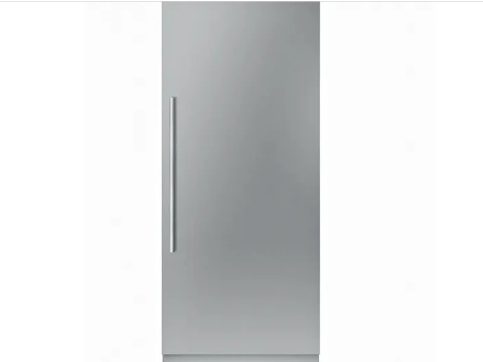 Tall stainless steel refrigerator with a vertical handle on the left side, set against a plain white background.