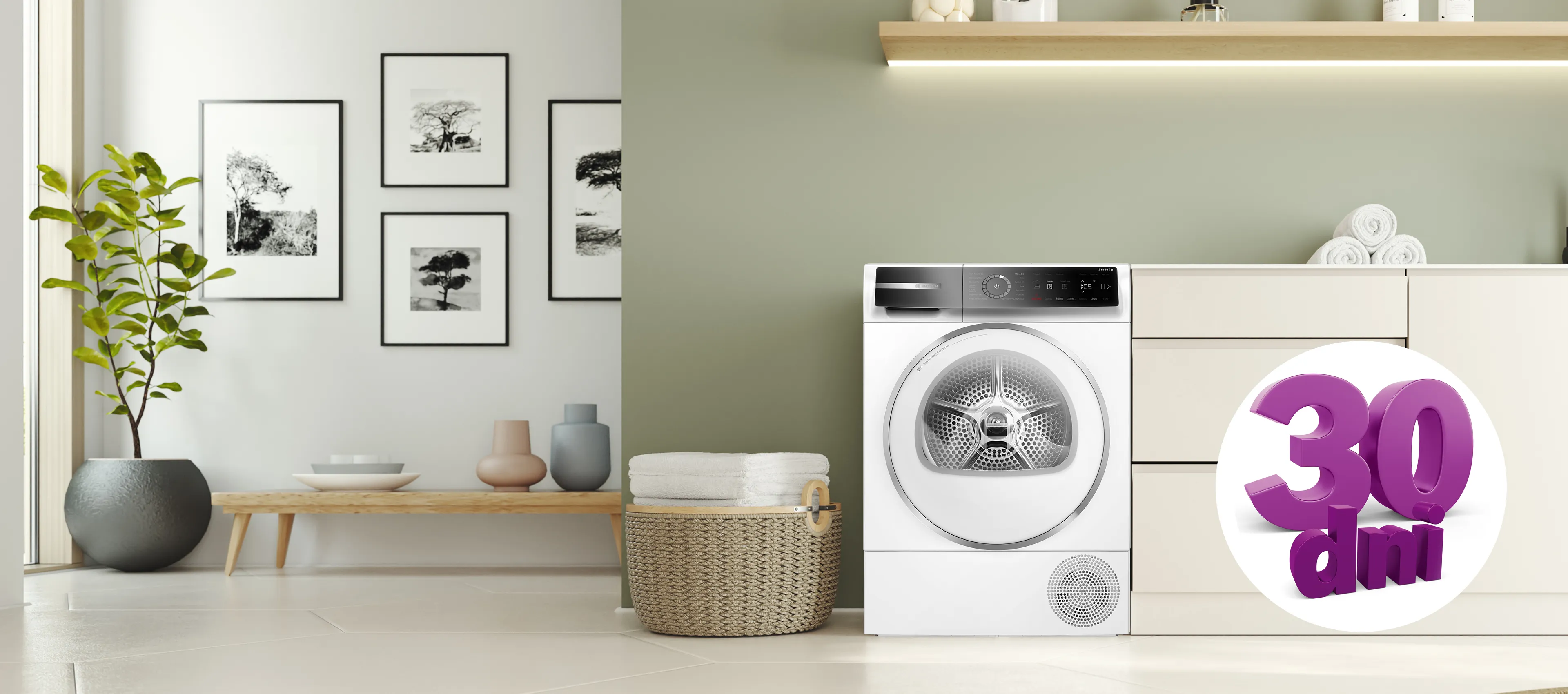 Jasny salon, suszarka i grafika promocji "30dni"