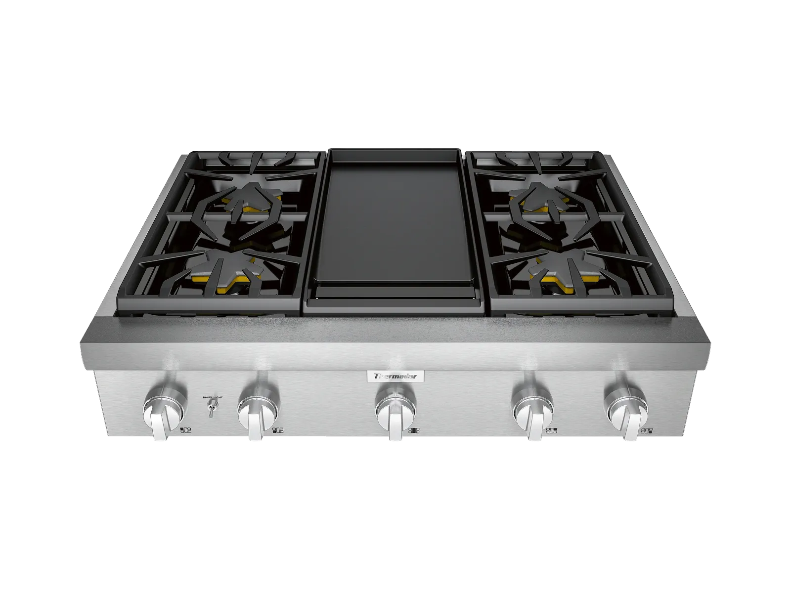 Stainless steel gas cooktop with four burners and a central griddle, featuring four control knobs on the front panel.