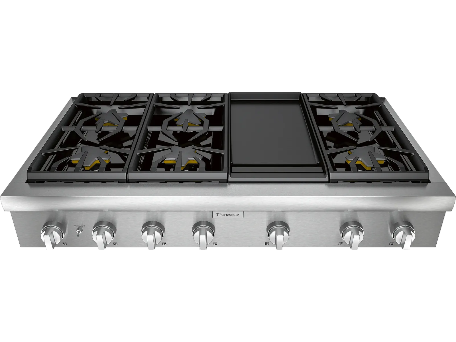 Stainless steel gas cooktop with six burners and a central griddle, featuring six control knobs at the front.