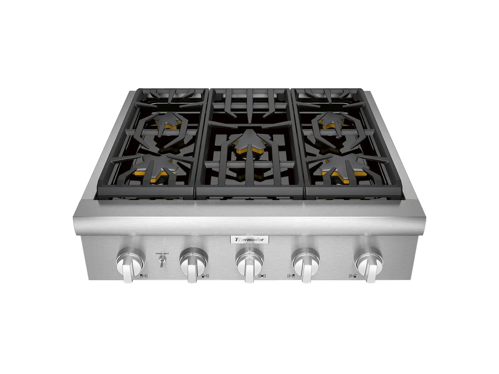 Top-down view of a stainless steel gas stove with five burners and four control knobs.