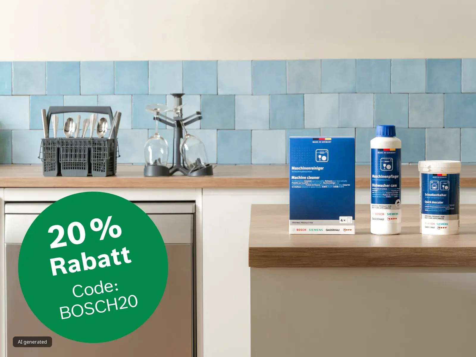 Zubehör und Reinigungsmittel in schöner Küche mit dem Hinweis auf 20 % Rabatt im Bosch Online Shop