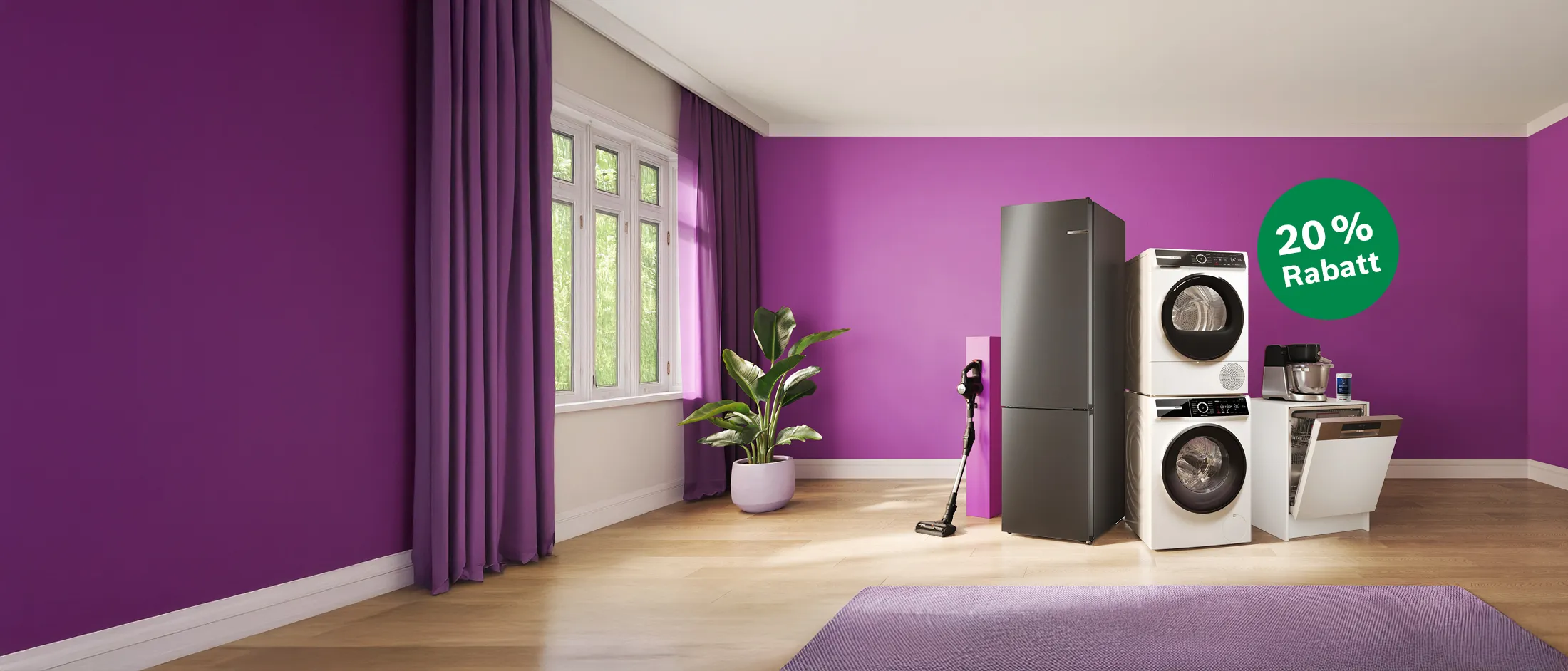 Schöner Raum in Magenta mit Hausgeräten von Bosch und dem Hinweis auf die aktuelle Bosch Days Aktion mit 20 % Rabatt im Bosch Online Shop