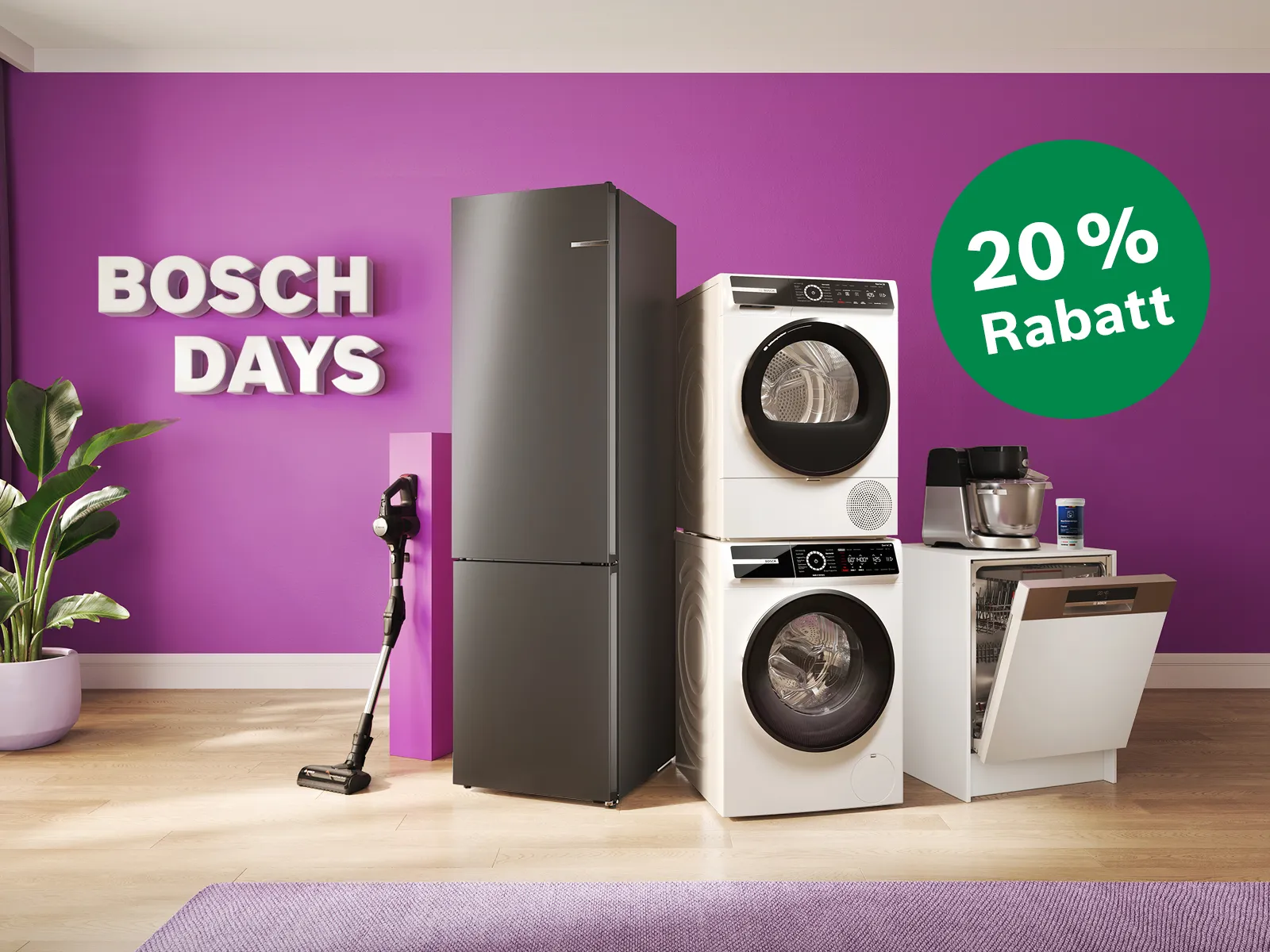 Schöner Raum in Magenta mit Hausgeräten von Bosch und dem Hinweis auf die aktuelle Bosch Days Aktion mit 20 % Rabatt im Bosch Online Shop
