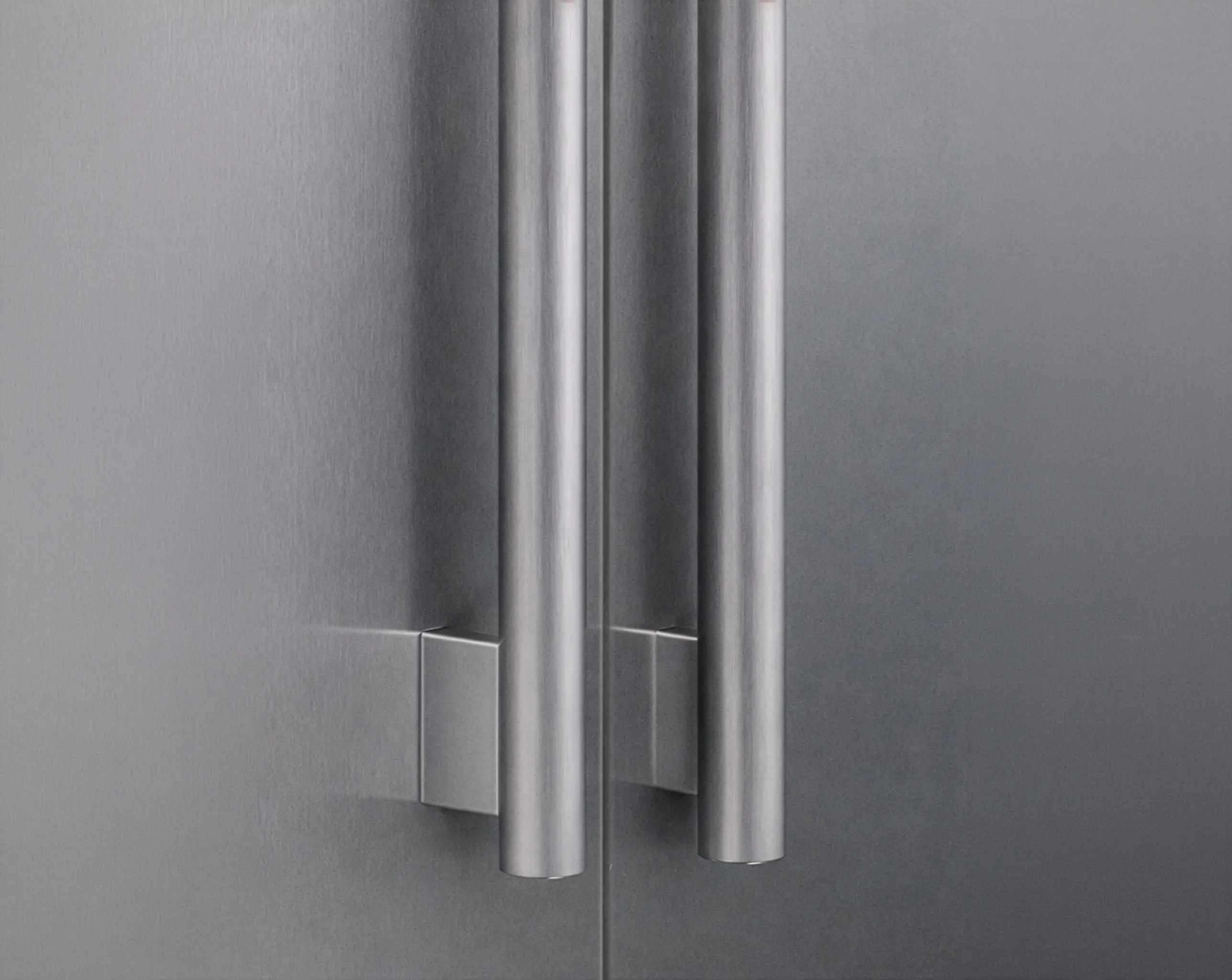 Close-up of two sleek stainless steel refrigerator door handles on a matte silver surface.