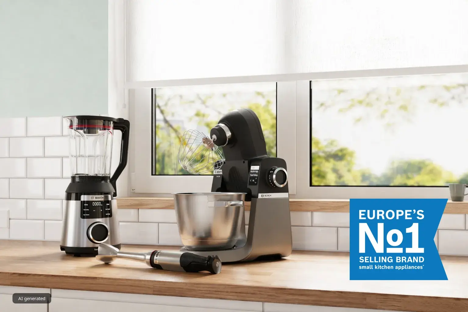 Elettrodomestici da cucina Bosch tra cui un frullatore, un miscelatore stand e un frullatore a mano su un piano di lavoro vicino a una finestra con l'etichetta "Marchio di vendita numero 1 in Europa".