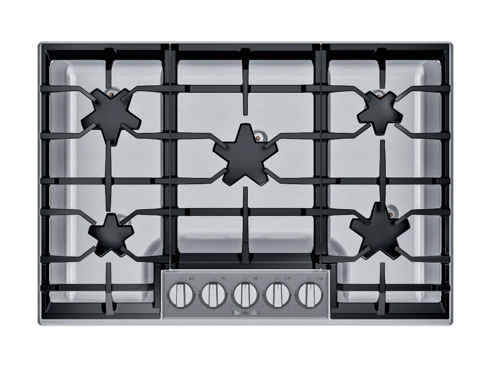 Stainless steel gas cooktop with five burners.
