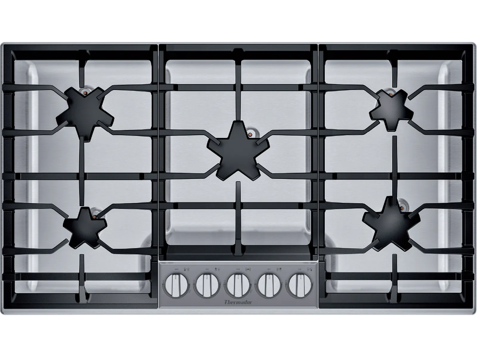 Stainless steel gas cooktop with five burners.