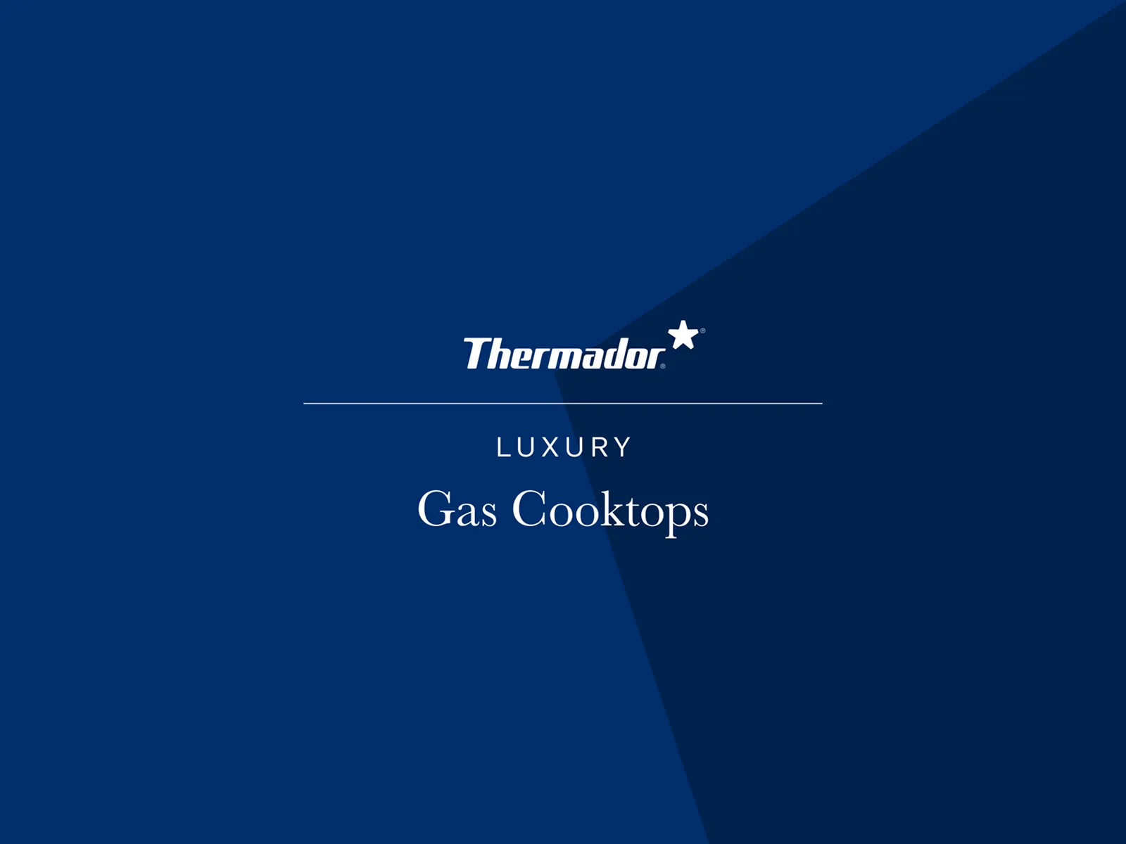 Thermador Luxury Gas Cooktops logo on a blue background.
