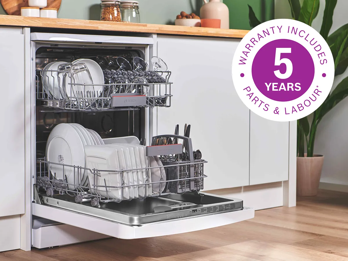 Open dishwasher with 5 year warranty badge overlay