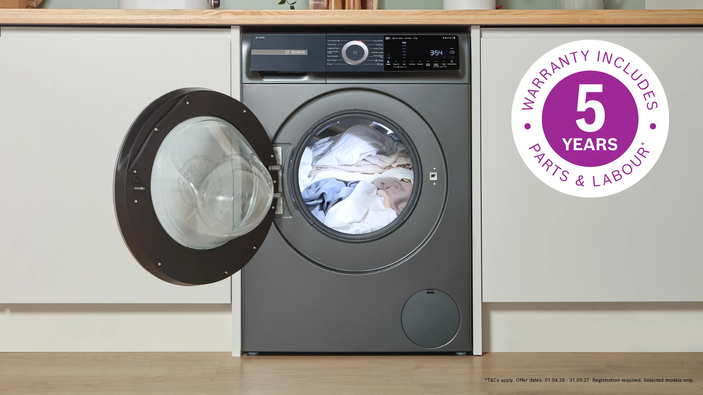 Washing machine with 5 year warranty badge 