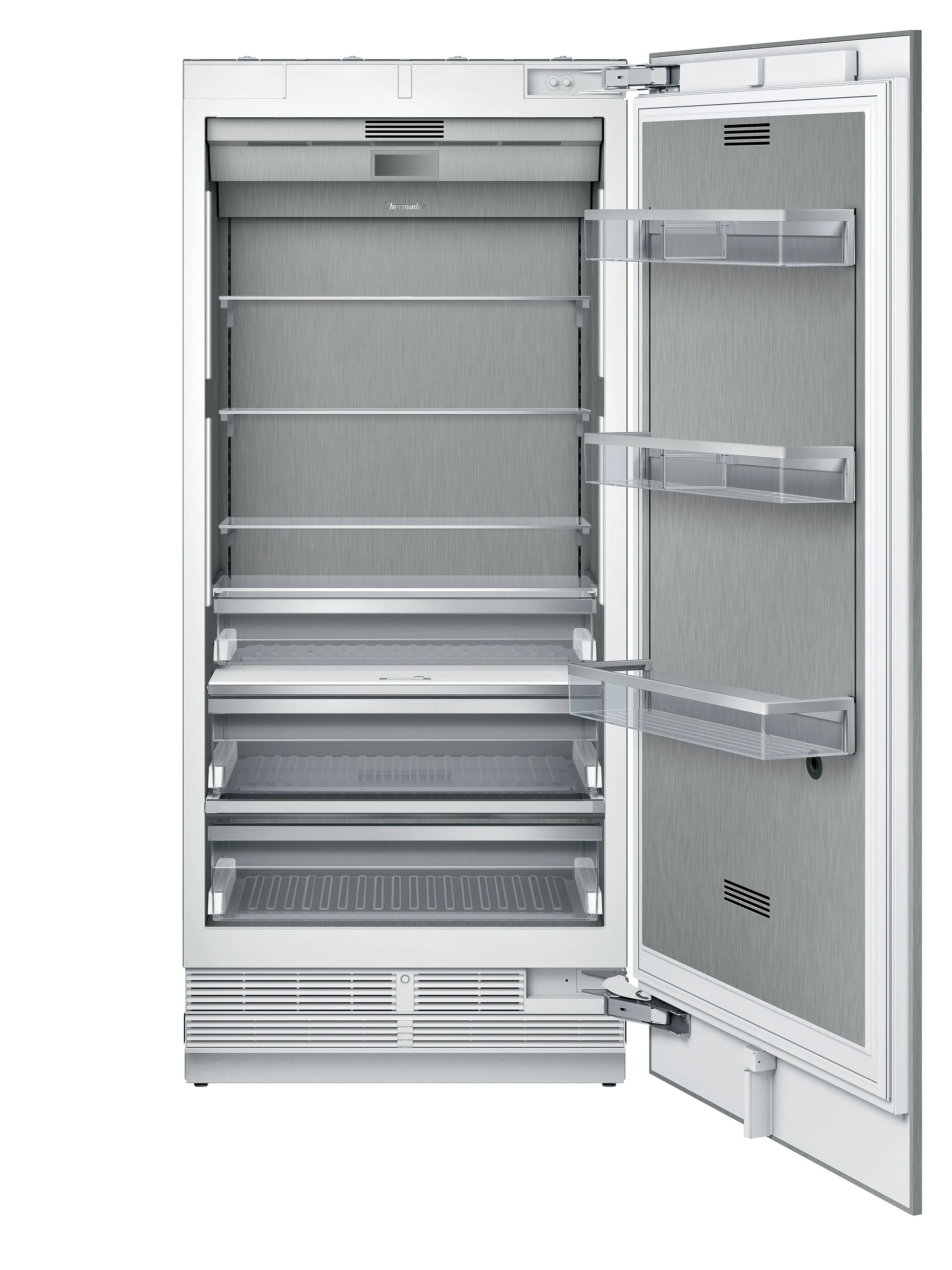 Open empty built-in refrigerator with glass shelves and door compartments in a modern kitchen appliance design.