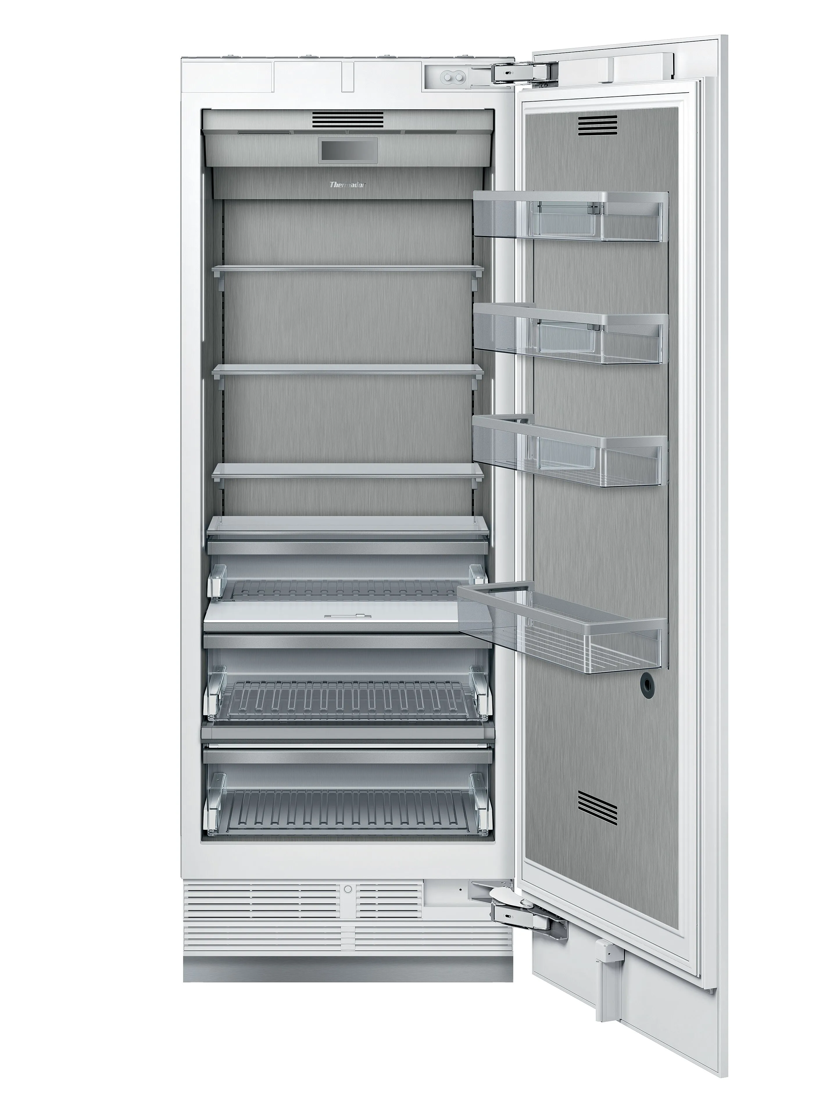 Open built-in refrigerator with multiple empty shelves and door compartments in a modern, sleek design.