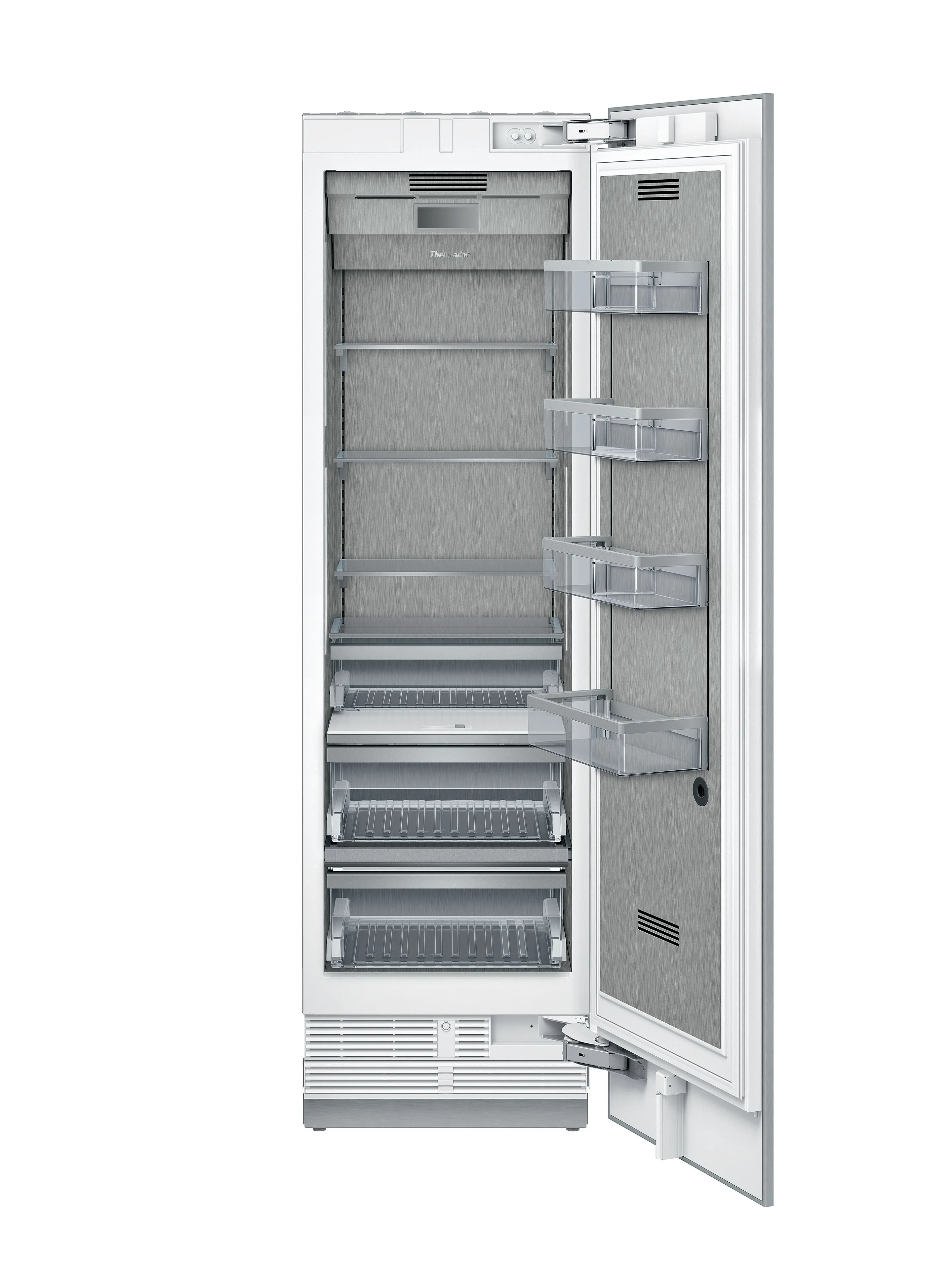 Open, empty tall white refrigerator with multiple shelves and door compartments visible.