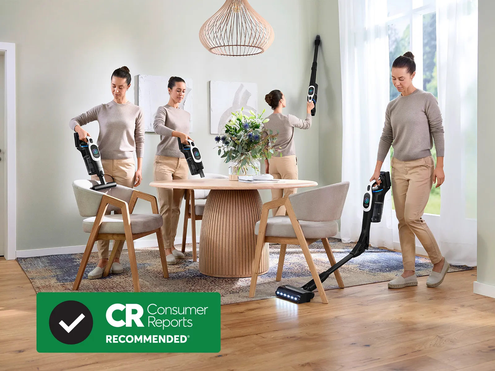 Consumer Reports recommended badge with woman in multiple areas using Bosch Cordless Vacuums to clean up the dining room
