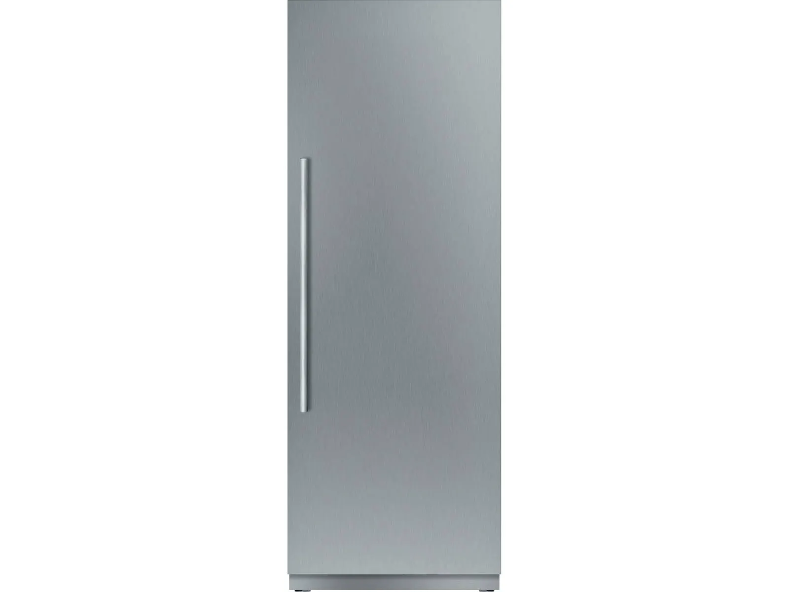Front view of a closed stainless steel refrigerator with a vertical handle on the left side.