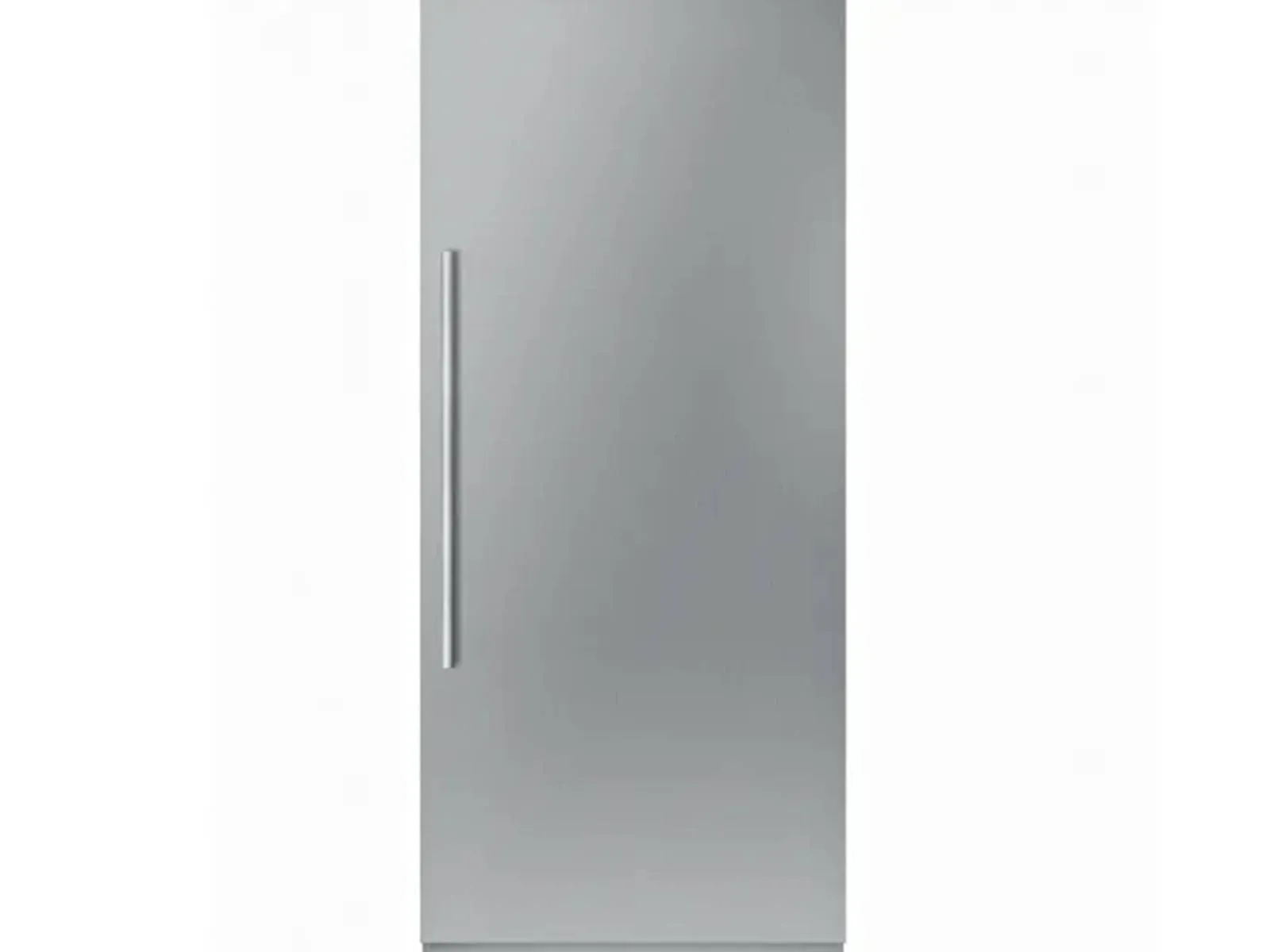 Tall, silver refrigerator with a vertical handle on the left side, standing against a white background.