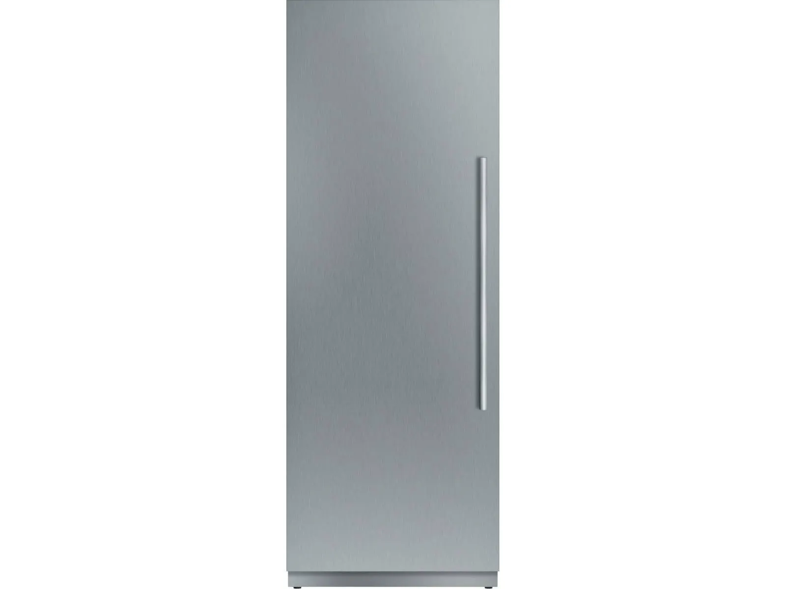 Tall, sleek stainless steel refrigerator with a vertical handle on the right side and a smooth, minimalist design.