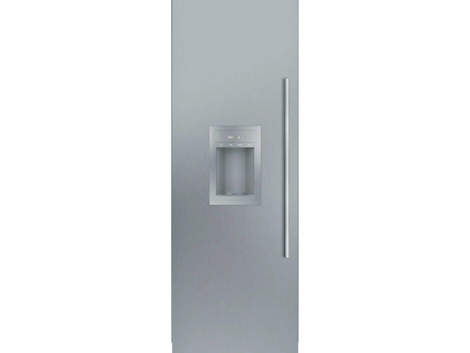 Side view of a stainless steel refrigerator door with a built-in water and ice dispenser.