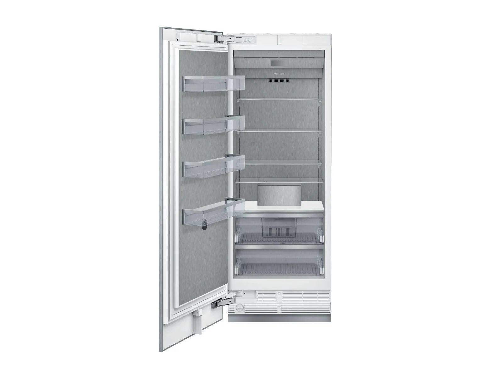 Open built-in refrigerator with door open to the left, showing a stainless-steel interior with four clear door bins on the door, multiple adjustable glass shelves, a small control panel at the top rear, a shallow shelf above two pull-out drawers at the bottom, and a ventilation grille along the base.