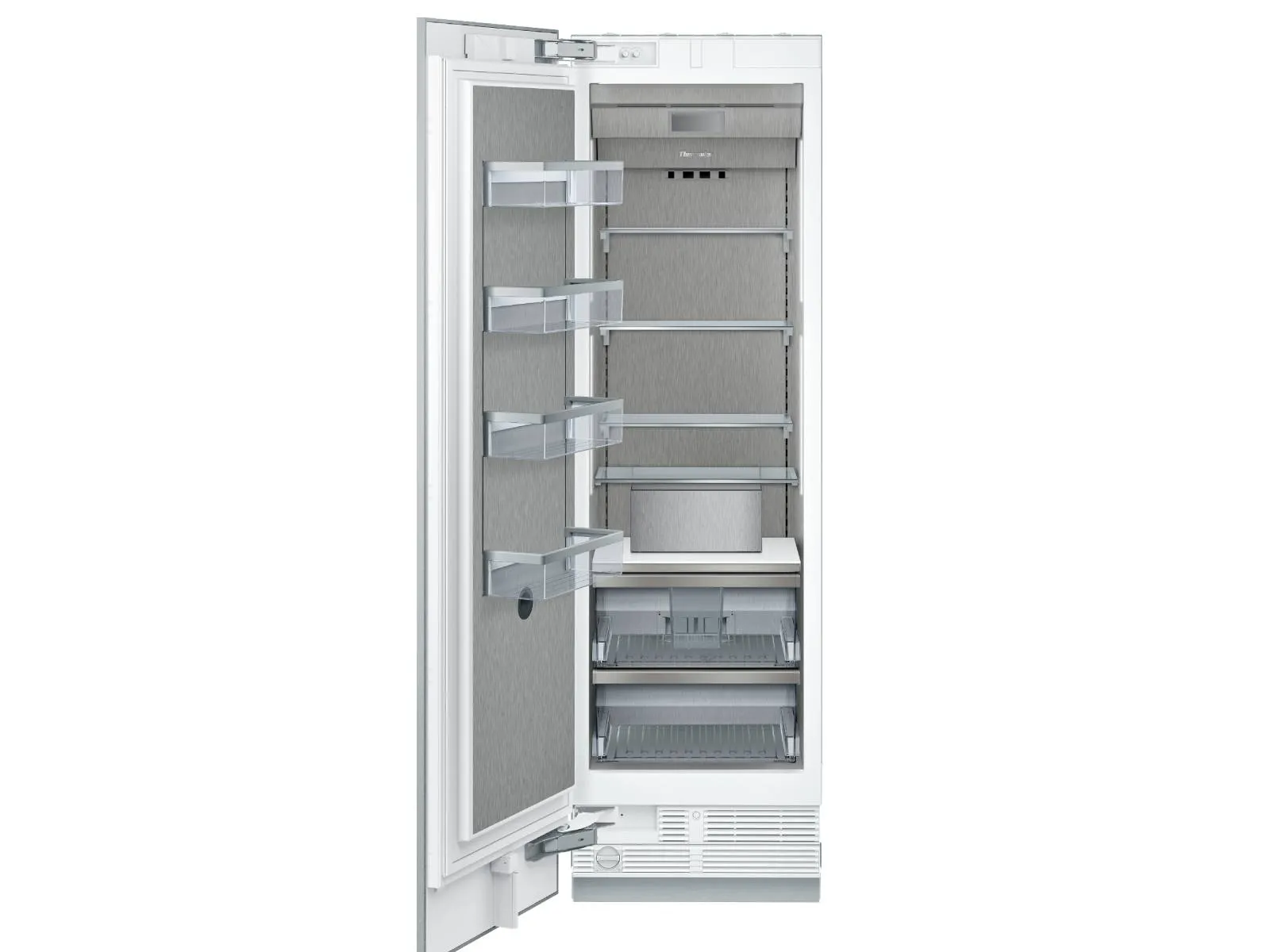 Tall built-in refrigerator with the door open to the left, showing a brushed‑metal interior with four clear door bins, several adjustable glass shelves, a small control panel at the top rear, a shallow shelf above two pull‑out drawers near the bottom, and a ventilation grille along the base.