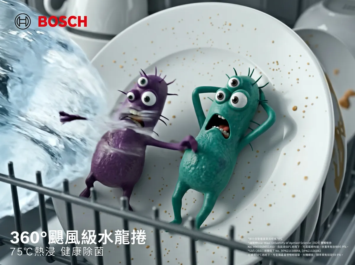 Open Bosch dishwasher in a bright kitchen, loaded with dishes and bowls.