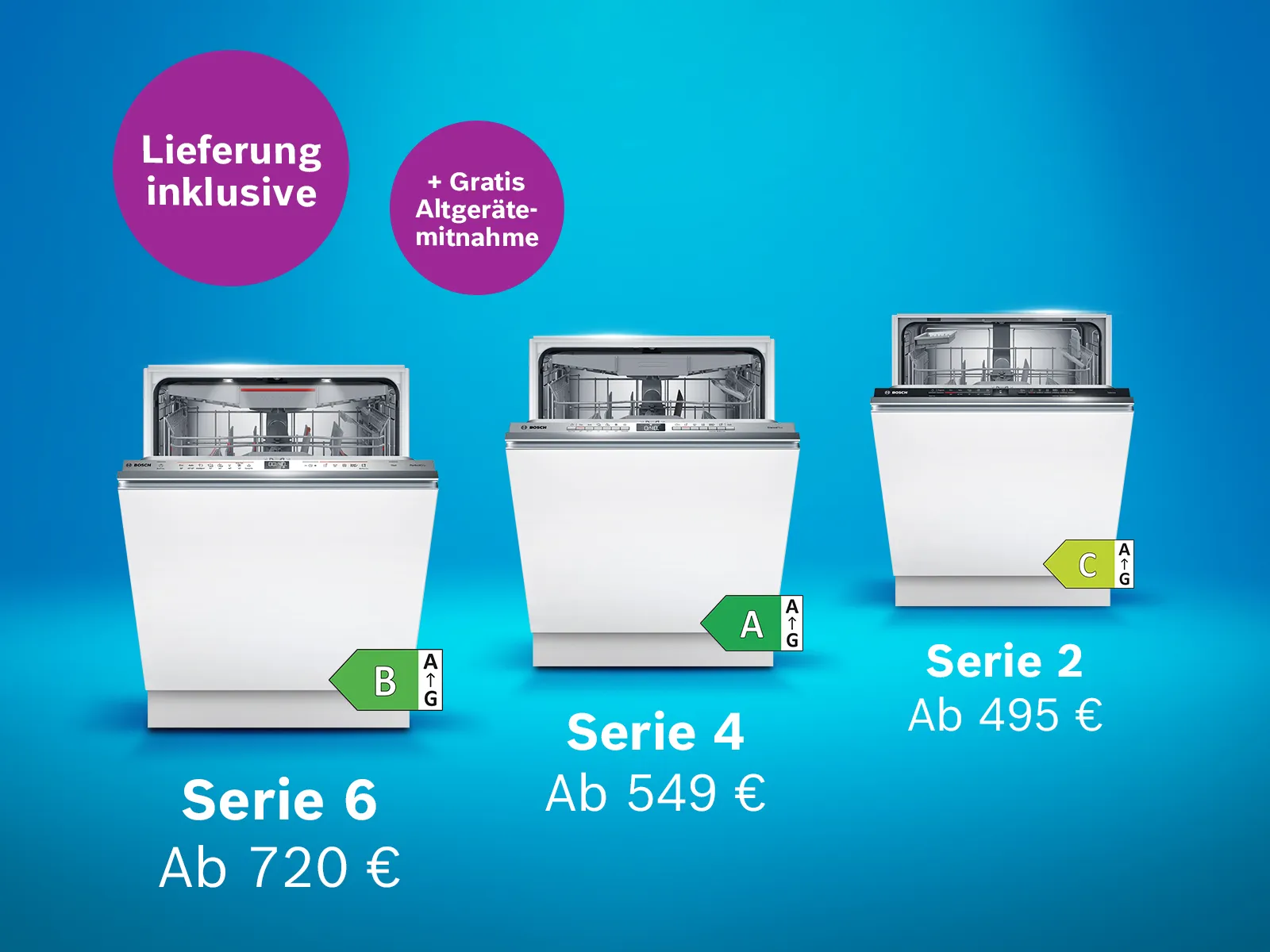 Blauer Hintergrund, auf dem drei Bosch Spülmaschinen zu sehen sind und der Hinweis auf kostenlose Lieferung jetzt im Online Shop