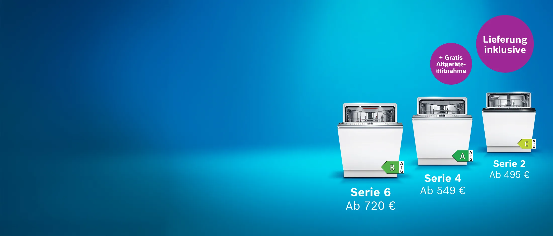 Blauer Hintergrund, auf dem drei Bosch Spülmaschinen zu sehen sind und der Hinweis auf kostenlose Lieferung jetzt im Online Shop