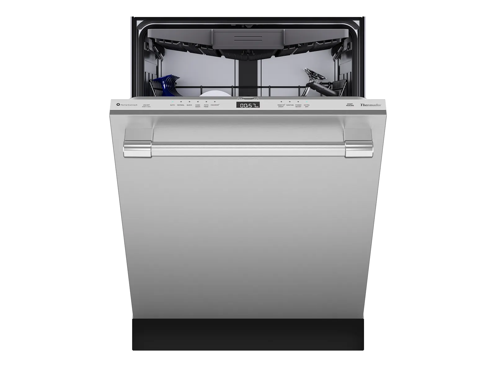 Open stainless-steel built-in dishwasher showing interior racks.