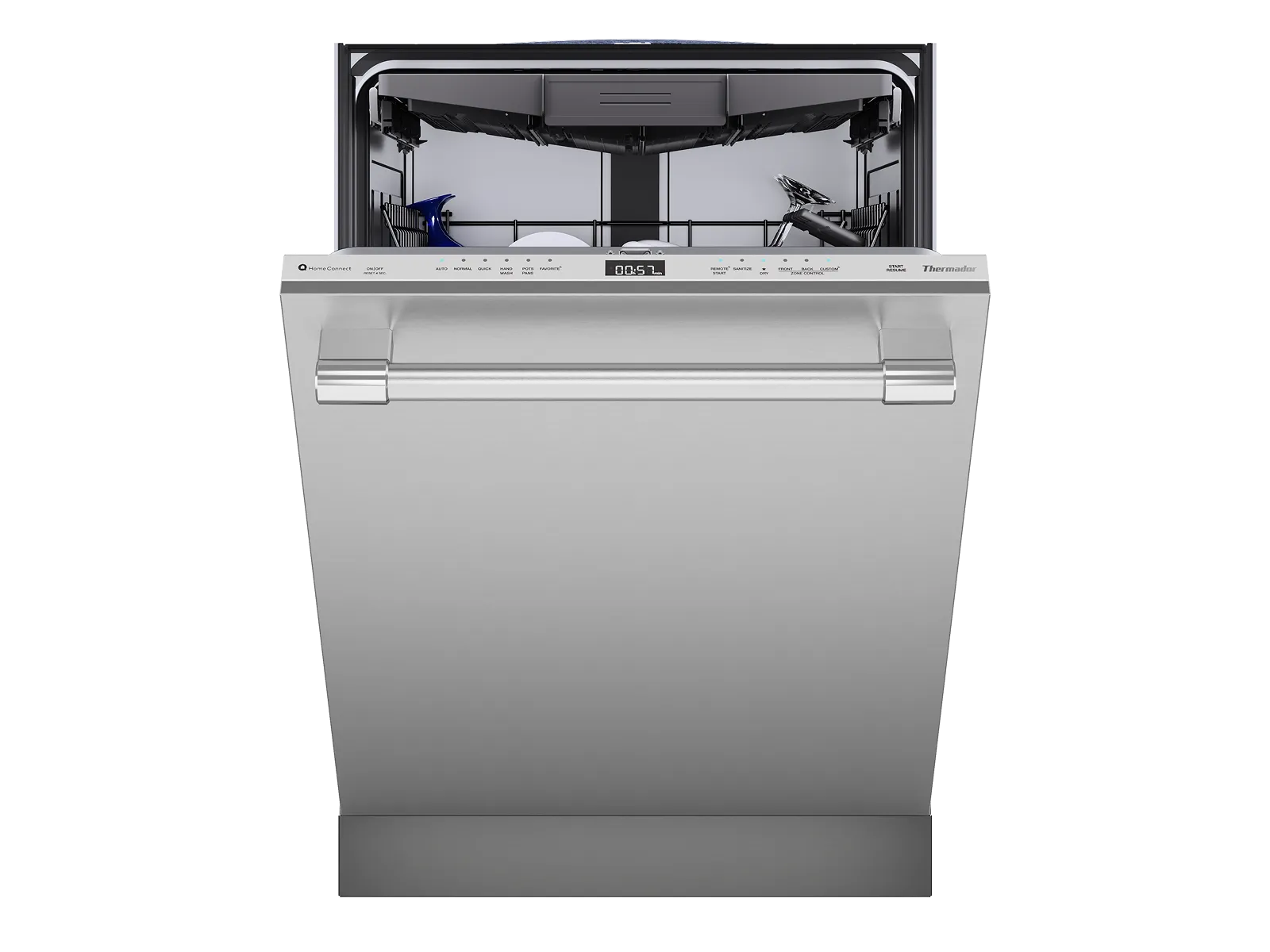 Front view of a modern stainless steel dishwasher with the door partially open