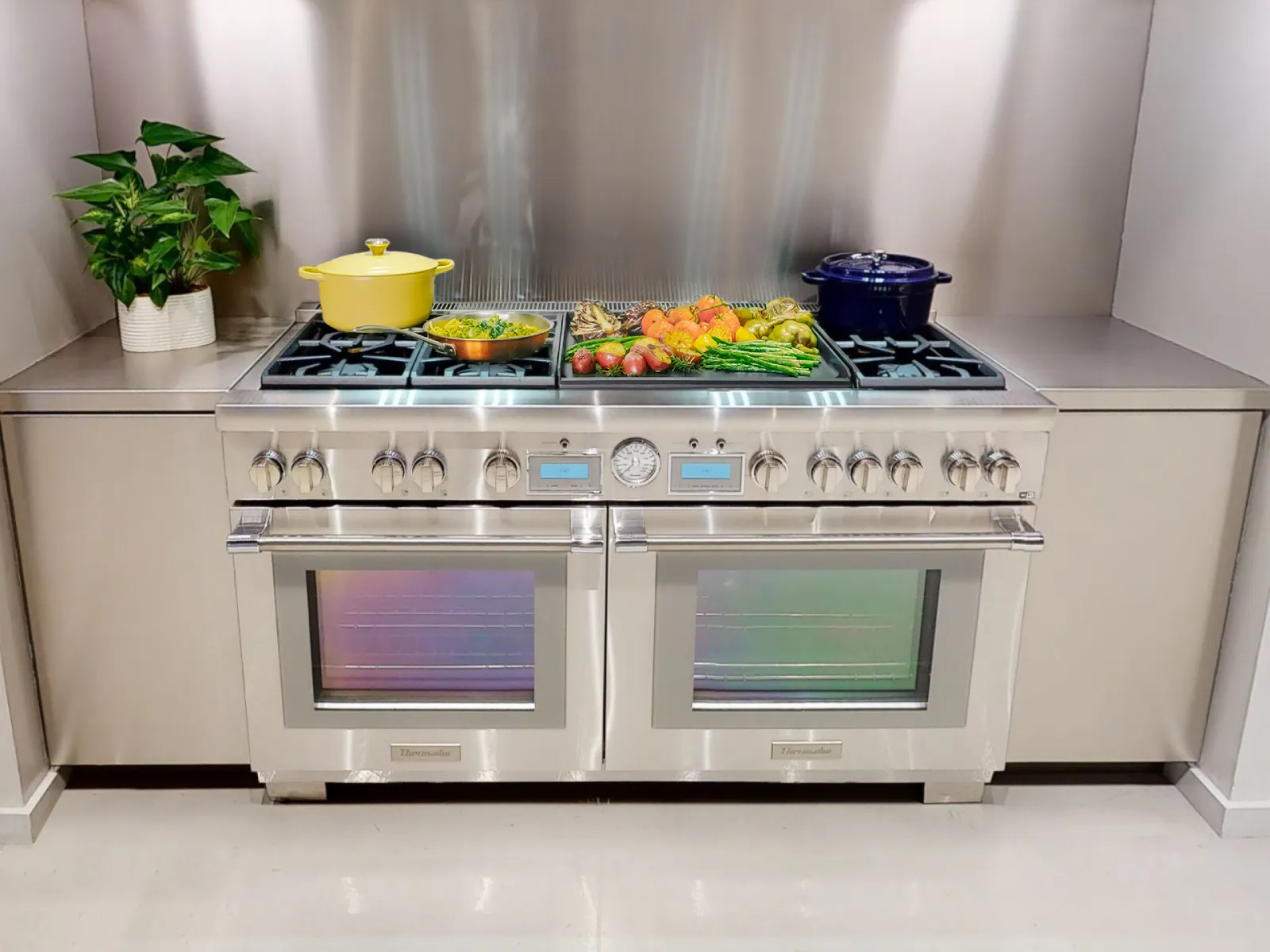 A stainless steel range with two ovens and a stovetop with various dishes cooking.