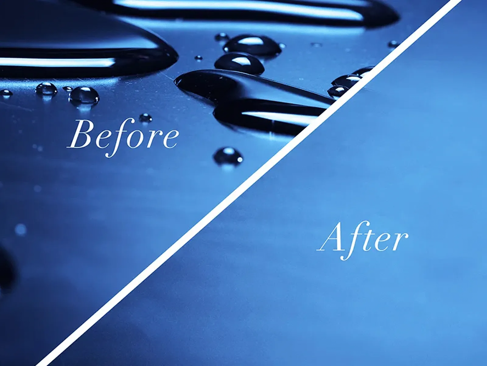 Diagonal split labeled "Before" (water droplets on a blue surface) and "After" (smooth, dry blue surface).