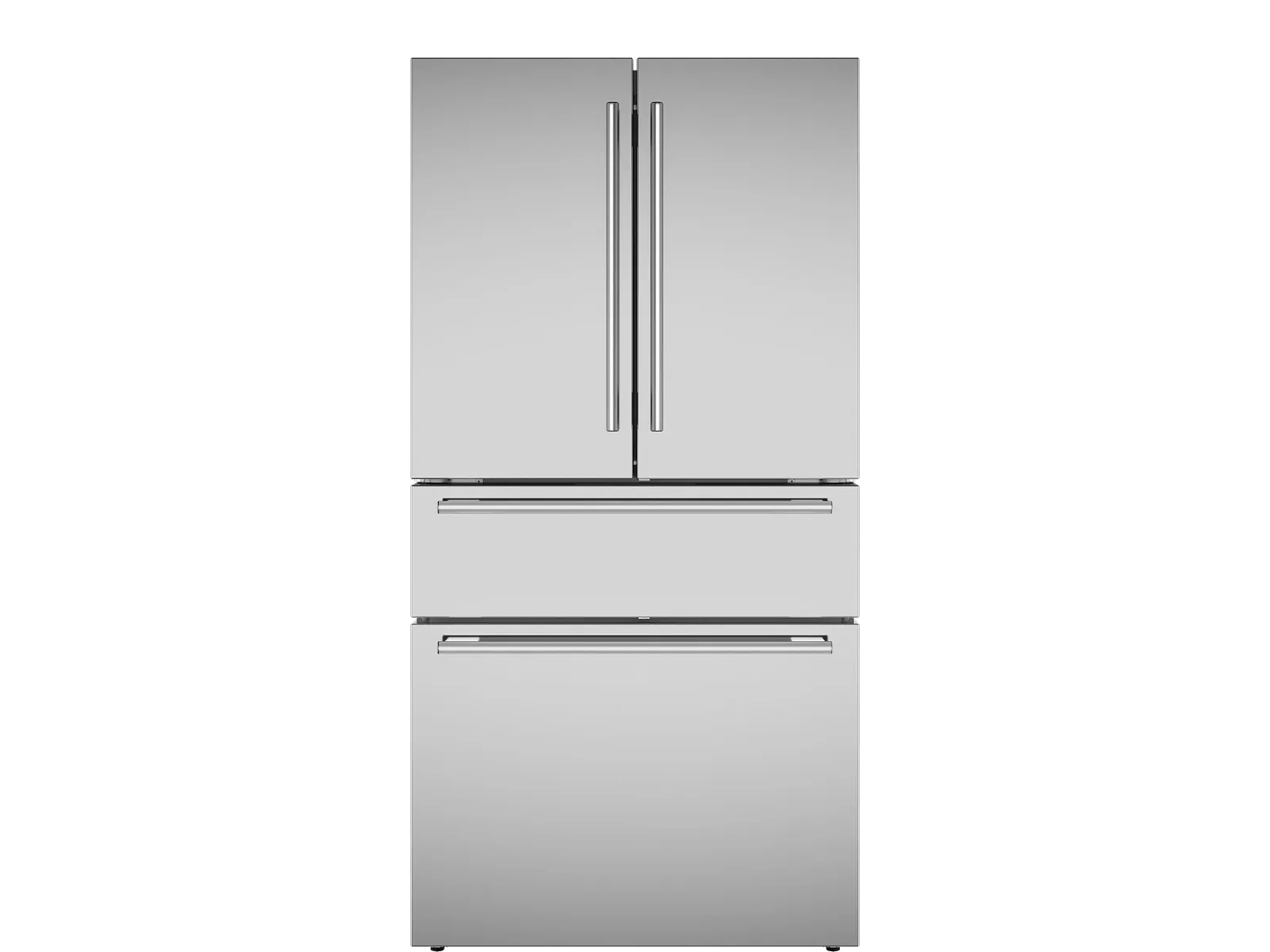 Stainless steel French door refrigerator with bottom freezer and three separate compartments.